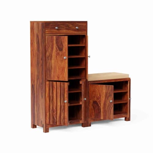 Image of VK Furniture Solid Sheesham Wood Shoe Rack with 1 Drawer & 3 Door Cabinet Storage | Wooden Large Size Shoe Cabinet with Cushion Seating for Home (Honey Finish)