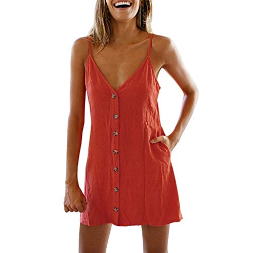 JIANGfu Women Summer Pure Color Button Mini Dress with Pockets, Ladies Casual V Neck Camis Sleeveless Loose Tank Dress