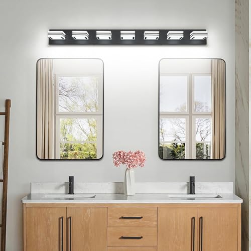 Image of SOLFART LED Modern Vanity Lights Fixtures: 7 Lights Acrylic Matte Black Modern Bathroom Wall Light Over Mirror 46inch