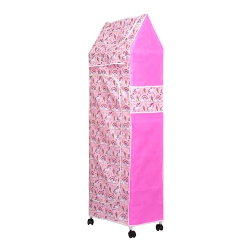 Image of HYSEYY Baby Wardrobe Plastic Kids Storage Rack with Fabric Cover & Wheels | 6-Tier Plastic Shelves Organizer | Toy, Book & Clothes Storage Cabinet for Kids Room (Unicorn Pattern)