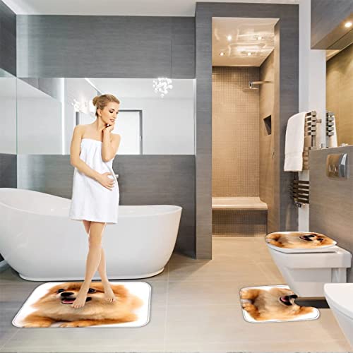 AOLIGL Badematte Pommerner Hund Tierhund Badematten Set rutschfest Waschbar Badgarnitur 3teilig - WC Deckelbezug U-förmigen Contour Badezimmerteppich Matte Flauschige Mikrofaser – Bild 3