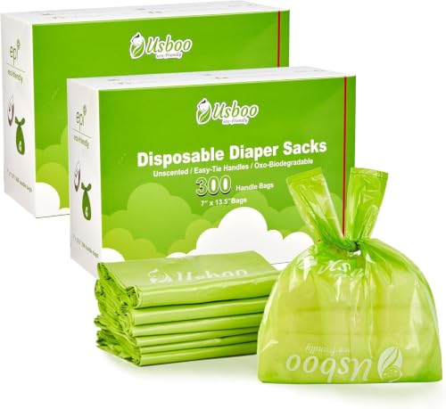 Image of USBOO Disposable Diaper Bags, OXO-Biodegradable, 2 Pack / 600 Count | Multi-Purpose Diaper Sacks with Easy-Tie Handles for Pet Waste, Baby Diapers, Feminine Hygiene & Car Trash Use