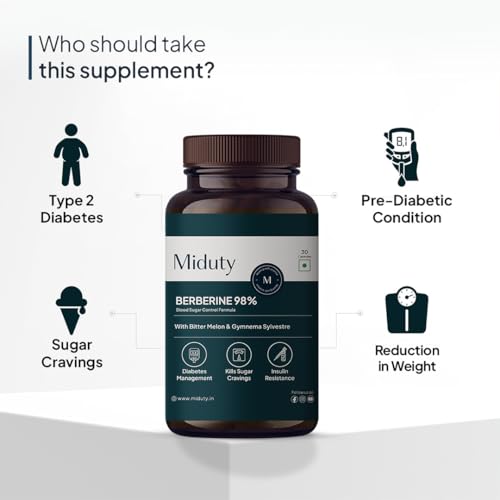 Image of Miduty High Strength Berberine HCL 98% For Metabolism & Blood Sugar Control- Diabetic and Pre-Diabetic Care - Stop Sugar Cravings | 30 Veg Capsule