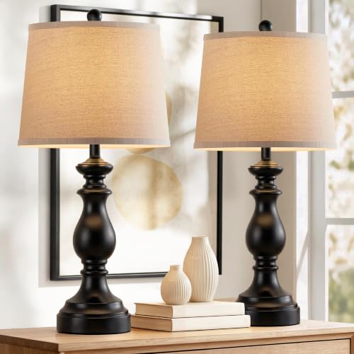 Image of PARTPHONER Traditional Table Lamp Set of 2, Rustic Farmhouse Table Lamps for Living Room Bedroom, 27 inch Bedside Desk Lamps Vintage Nightstand Lamps with Linen Shades, Matte Black