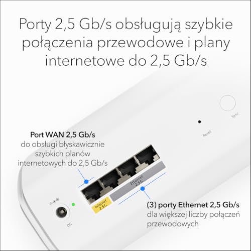 rójpasmowy system sieci Mesh WiFi 7 NETGEAR Orbi 770 (RBE773) – router + 2 wzmacniacze sygnału satelitarnego, funkcje zabezpieczeń, do 11 Gb/s, pokrywa do 540 m2, 100 urządzeń, port 2.5 Gb/s