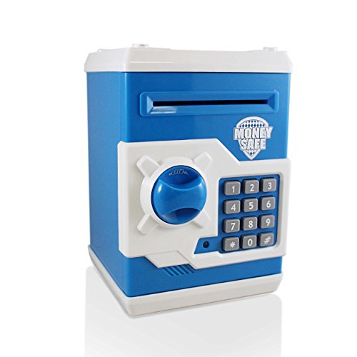 Safe Coin Bank For Kids - Authentic ATM Money Saver Keeps Cash, Toys, and Jewelry Inside Safe Inside - Auto Insert Bills and Electronic Password - Cool Piggy Bank Makes A Great Birthday Gift