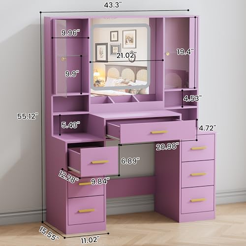 Image of BORNOON Vanity Desk with Mirror and Lights, Makeup Vanity with 7 Drawers, 2 Glass Door Cabinets, Charging Station, Adjustable Shelves, RGB Lighting, Holder