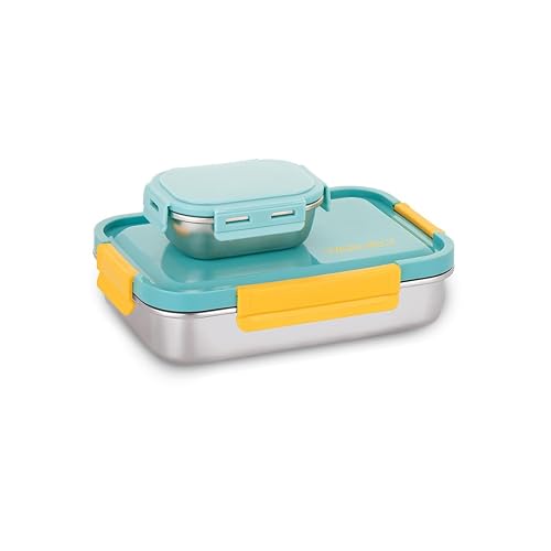 WARMEO Carnival Stainless Steel Airtight Leak-Proof Lunch Box, Light Weight, Easy to Clean, Perfect for Office, School, Picnic & Travelling, Set of 2 (1000ml+150ml) Aqua & Yellow
