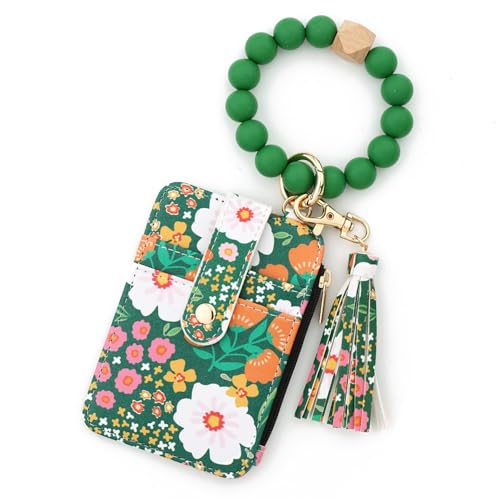 AHQKCRF Flower Keychain Wristlet Wallets for Women Cute Silicone Beaded Credit Card Holder Aesthetic Key Ring Bracelet Leopard Wallet (Green)