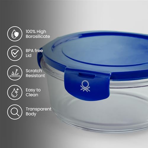 Image of United Colors of Benetton 570ML Borosilicate Glass Food Storage Container with Airtight Blue Lid - Leakproof, Microwave, Oven, Freezer & Dishwasher Safe - Durable & Reusable Lunch /Dinner Box