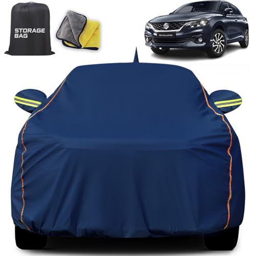 Image of for Maruti Baleno Car Cover for All Weather Protection with 100% Waterproof, Mirror Pockets, Soft Lining, Triple Stitched, Adjustable Belt and Bottom Elastic to Secure Fit (Royal Blue)
