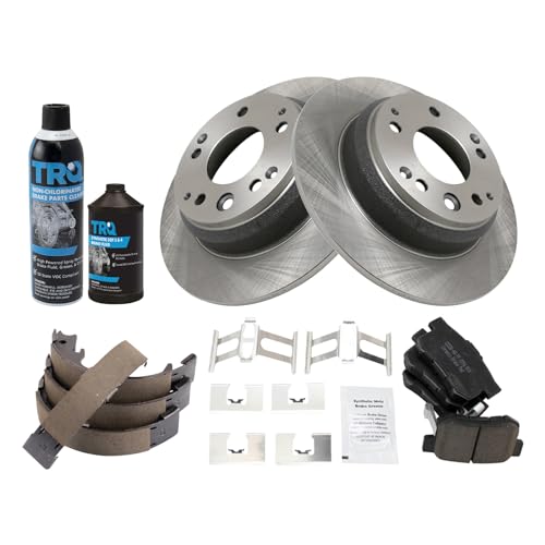 Image of TRQ Rear Brake Pad & Rotor Kit, with Chemical Kit Parking Brake Shoe Set Ceramic Compatible with 1996-1998 Acura RL