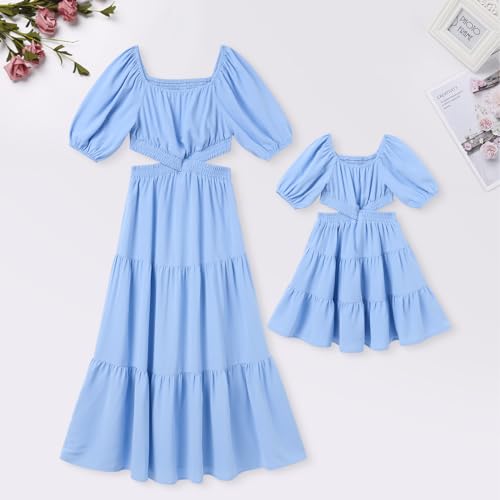 AWIBMK Mommy and Me Dresses Square Neck Solid Color Ruffled Dress with Pockets Summer Cutout Waist Tiered Matching Outfits2