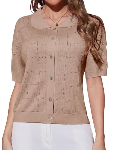DRESSTELLS Women's Cardigans Breathable Casual Short Sleeve Elegant Button Summer Lightweight Crew Neck Ribbed Knit Top Caramel XL
