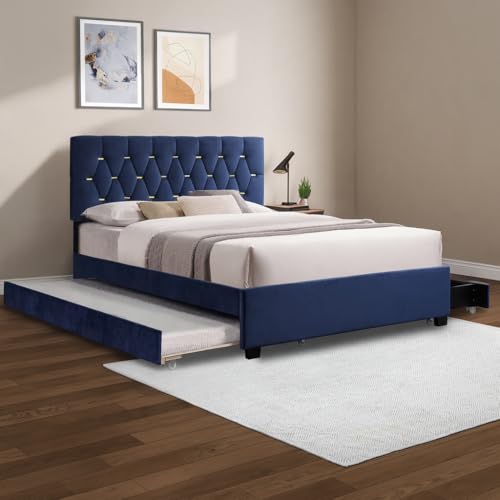 KEIKI Upholstered Queen Size Platform Bed with Trundle and Drawer, Velvet Fabric Bed Frame with Wood Slats/Save Space for Kids Teens Adults Bedroom, Modern Design, No Spring Box Required, Blue