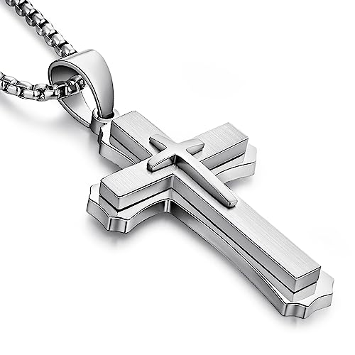 Men's Cross Necklace 316L Stainless Steel Large Heavy Cross Pendant for Men Polished Jewelry Rolo Chain with 22'' 24'' 26''