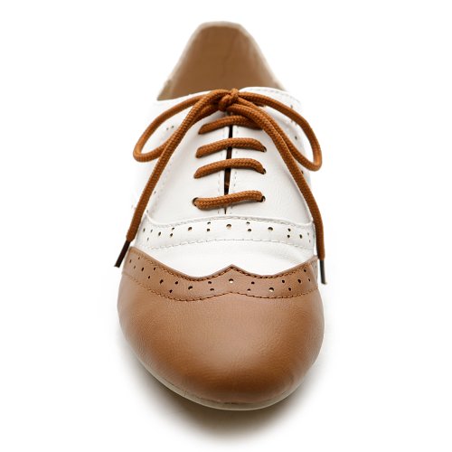 Ollio Women's Shoe Classic Lace Up Dress Low Flat Heel Oxford M1914(9 B(M) Us, Brown-White) #TOP2