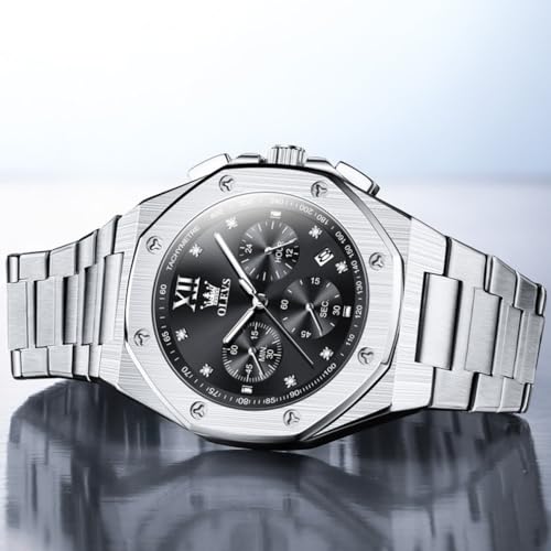 OLEVS Mens Silver Watch Multifunctional Chronograph Dial Stainless Steel Watches for Mens Cool Roman Numerals Silver and Black Men Metal Watches Water Resistance Quartz Man Formal Watch Reloj Men - image 4