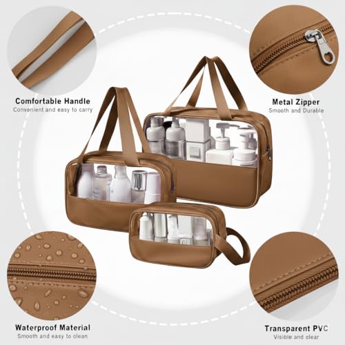 Image of KBS Toiletry Kit Cosmetic Makeup Storage Organizer Clear Styilish Wash Bag Pouch Set of 3 for Travel Luggage Transparent with Metal Zipper Gift for Men Women Girls (Brown)