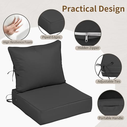 Image of 24x24 Outdoor Chair Cushions Set of 4, Waterproof Deep Seat Cushions for Patio Furniture with Removable Cover, Fade Resistant 4'' Outdoor Seat Cushion w /Ties&Handle for Sofa Loveseat,Black