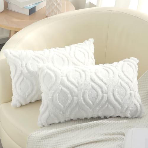 decorUhome Fall Throw Pillow Covers 12x20 Inch Set of 2, Soft Plush Decorative Faux Fur White Solid Couch Pillow Covers, Accent Farmhouse Neutral Lumbar Euro Pillow Cases for Sofa Bed Living Room