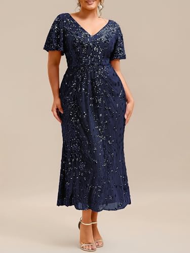 Image of Ever-Pretty Plus Women's Sequin V Neck Plus Size Prom Dress Mermaid Formal Cocktail Evening Dresses for Curvy Women