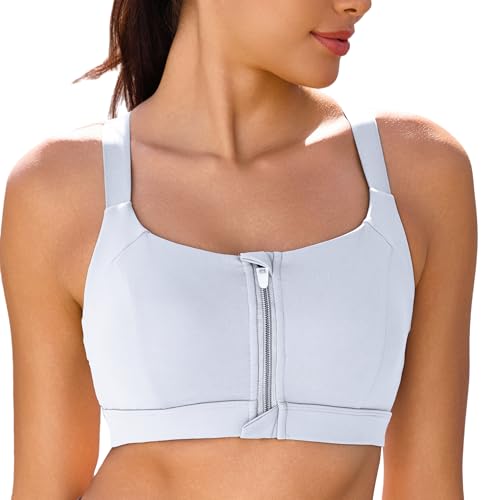 Image of Vorcy Front Zipper Sports Bras for Women Adjustable Racerback Back High Impact Sports Bras High Support Yoga Bra with Sewn-in Pad for Yoga & Gym Workouts White