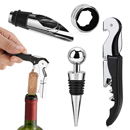 Korkenzieher Set Edelstahl Weinöffner Set 4-in-1 Metall Weinstopper Weinring Weinausgießer Professionelles Multifunktions Weinzubehör-Set