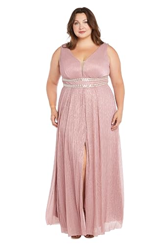 Image of R&M Richards Women's Pleated Maxi Dress W /Illusion V-Neck, Embellished Waistband & Front Slit - Party & Cocktail Gown