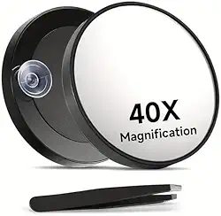 Espelho de aumento 40X, duas ventosas e pinças, espelhos de maquiagem ampliados para viagem de 8,5 cm, pinças para cabelo facial feminino, preto