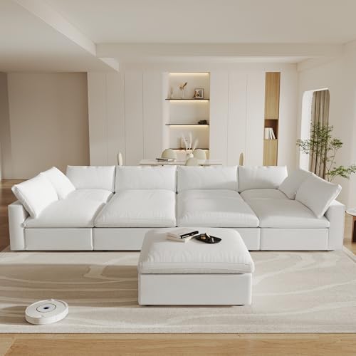 Image of Cloud Couch Modular Sectional Sofa,196inch U-Shaped Sectional Sofa with Storage Ottomans,Oversized Down Filled Convertible 9 Seater Linen Living Room Sets, Covers Washable&Replaceable,White
