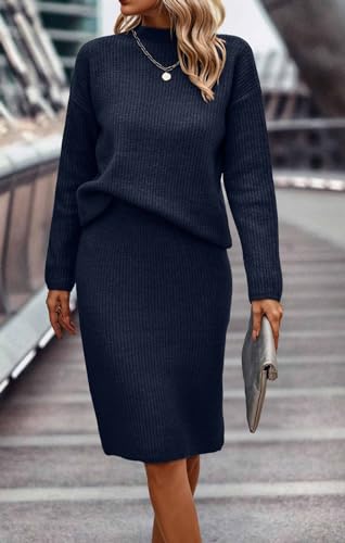 Image of Women 2 Piece Knit Sweater Skirt Set Midi Sweater Dress Long Sleeve Pullover Bodycon Knitted Skirt Set Outfit