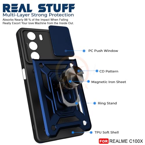 Image of Armor Bumper Back Cover Case for Realme C100X Rotating Camera Cover, Ring Holder & Kickstand | Heavy Duty & 360 Degree Protection Back Cover for Realme C100X (Blue)