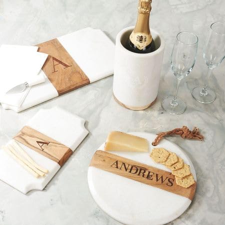 Luxe White Marble & Wood Round Personalized Serving Tray - 10" Monogrammed Charcuterie Board