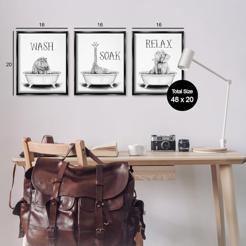 Image of Jungle Animals Bathroom Signage, 16 x 20 Inch Canvas in Floater Frame Set | Stupell Industries . By Rachel Nieman . Ready to hang . Great for bath and laundry . Made in USA