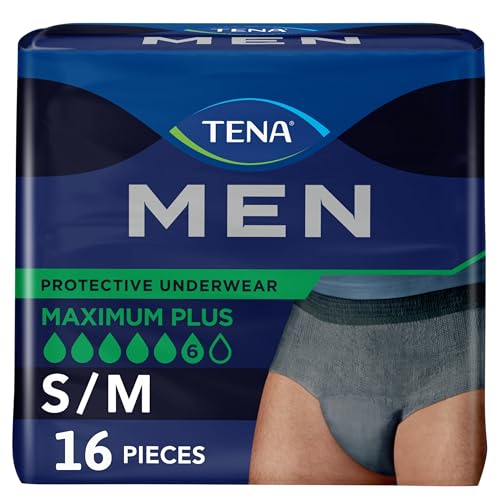 TENA Men Incontinence Underwear, Maximum Plus Absorbency, Adult Diapers, Small/Medium (Waist Sizes 34in-50in), 16 Count