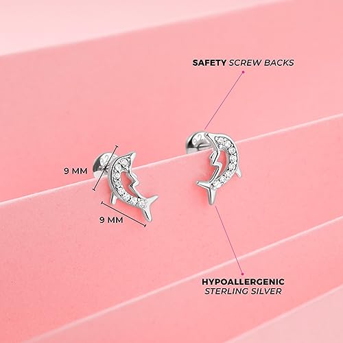 925 Sterling Silver Nautical Clear Cubic Zirconia Dolphin Screw Back Earrings for Little Girls, Pre-teens and Teens 9mm - Glittering Marine Life Jewelry for Young Girls4