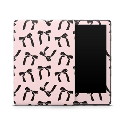 ZOOMHITSKINS Kindle Skin Compatible with Kindle Paperwhite Gen 12 (2024), Pastel Light Pink Black Ribbons Girly, Easy Bubble-Free 3M Vinyl Decal Accessories, Made in The USA