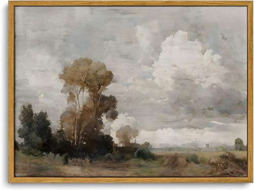 KISSFOX Autumn Vintage Landscape Canvas Wall Art Fall Farmhouse Countryside Scene Clouds Trees Oil Painting Framed Wall Art Prints Artwork For Living Room Bedroom Kitchen