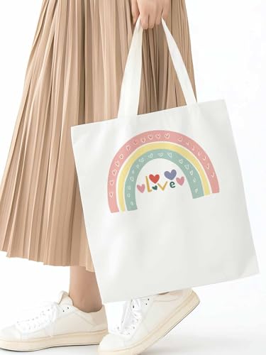 Canvas Tote Bag, Rainbow Love Heart Valentine's Day Aesthetic Canvas Tote Handbags for Women Shoulder Bag,2