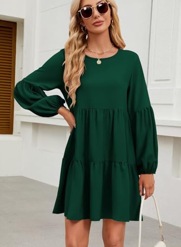 Image of QACOHU Falll Dresses for Women 2026 Crew Neck Long Lantern Sleeve Casual Loose Flowy Swing Shift Dress