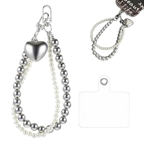 Image of Phone Charm with Beaded Chain | Acrylic Phone Strap for Mobile Keys & Bags | Decorative Wrist Strap | Lanyard Charms | Keychain Accessory for Women Girls (Silver-Heart)