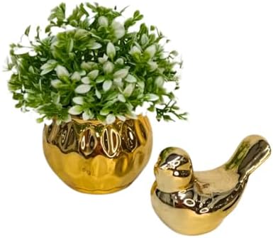 Conjunto Decorativo de Cerâmica, Vaso Dourado 12cm com Planta Art...