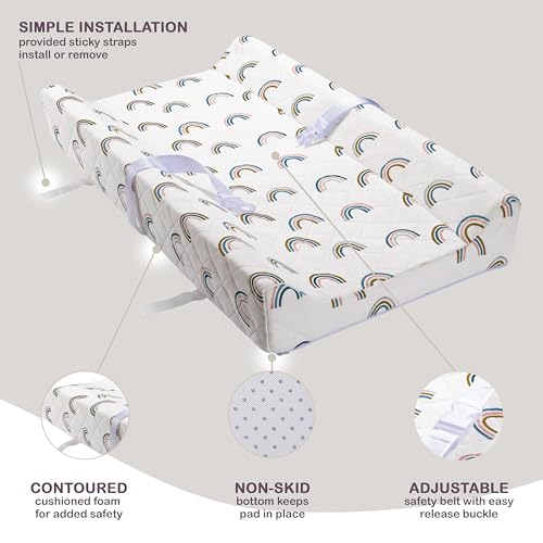 Image of Organic Cotton Covered Contoured Baby Changing Pad | Waterproof Foam Mattress, Soft, Removable & Washable Cover, Safety Strap, Non-Slip Bottom, Topper for Standard Size Infant Diaper Table & Dresser
