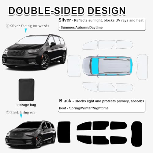 Image of KMF Windshield Sun Shade Replacement for Chrysler Pacifica Accessories 2017-2025, Side Window Sun Shade Cover Sun Visor Shield Cover, Rear Window Sunshade for Camping UV Block and Privacy Protect