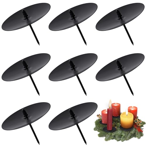 Kerzenhalter Adventskranz Ø 6cm, 8 Stück Advents Kerzenhalter für Stumpenkerzen, Metall Adventskerzenhalter mit Dorn Kerzenteller Kerzenständer für Adventskranz, DIY Advents Deko Weihnachten, Schwarz