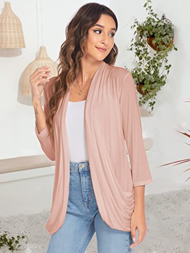 Image of Women Casual Lightweight Cardigan 3 /4 Sleeve Draped Open Front Soft Cardigans with Pockets
