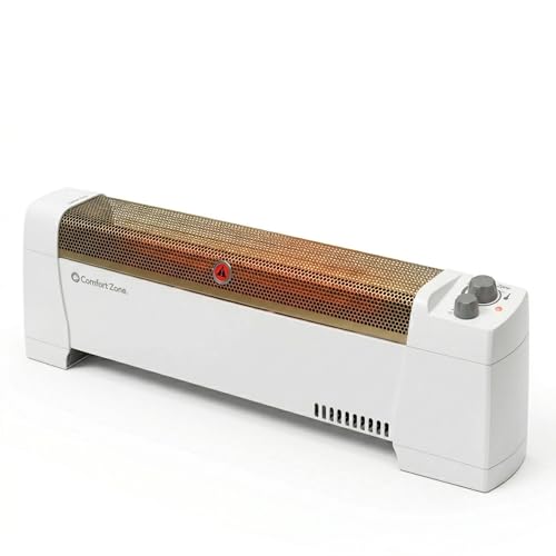 Comfort Zone 1500W Convection Baseboard Heater with Built-In Thermostat, Overheat & Tip-Over Protection, Dent-Proof Ends, Plug-In Portable, Ideal for Home, Bedroom & Office, White