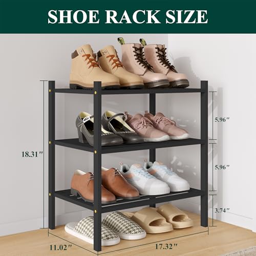 Image of Smiry Bamboo Shoe Rack, 5 Horizontal Slats, 3 Tier - 17.3 inch Wide, Black
