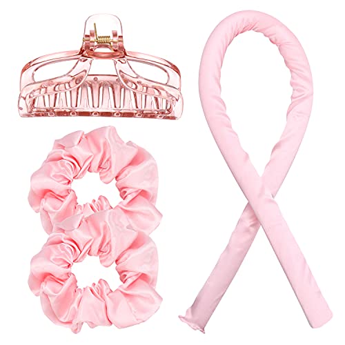 4Pcs Heatless Curling Rod Headband, DIY Lazy Curler Set, Soft Silk Ribbon Headband, Get Effortless Wave Formers Hair Curlers, Creative Hair Styling Tools (Pink)